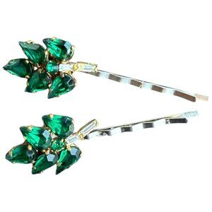 Christmas Green Hair Pins Crystal Vintage Jewelry Formal Clips Accessories